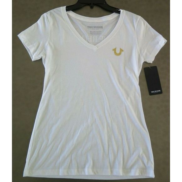 True Religion Women's Size Small Narcisscus Buddha SS V-Neck Tee T-Shirt $60 - Picture 1 of 5